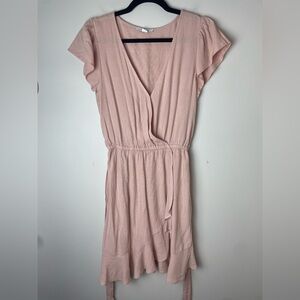 American Eagle Faux Wrap Dress Tie Waist Blush Pink Linen Viscose Size Small